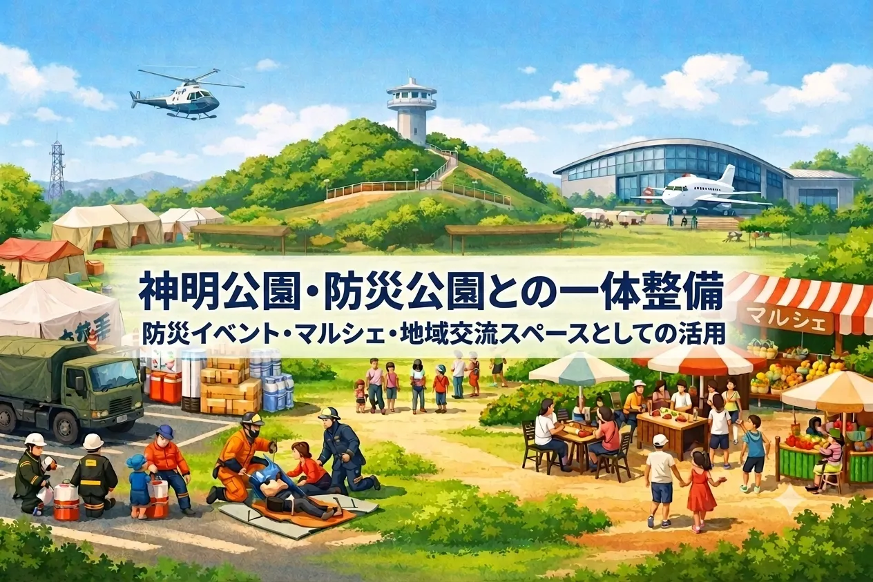 神明公園・防災公園との一体整備(防災イベント・マルシェ・地域交流スペースとしての活用)
